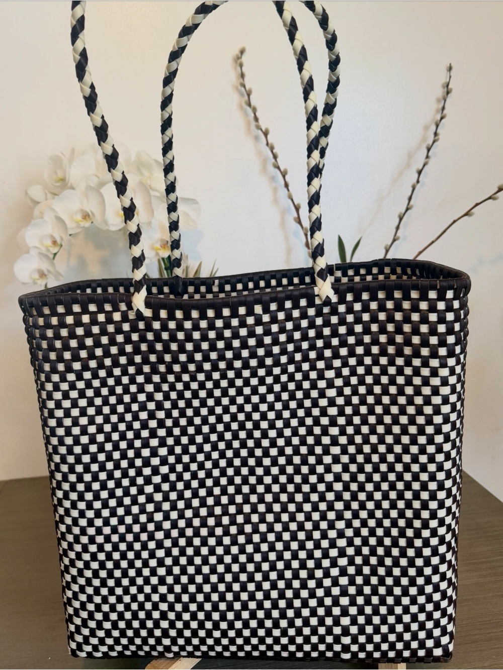 Handwoven Black and White Tote Bag
